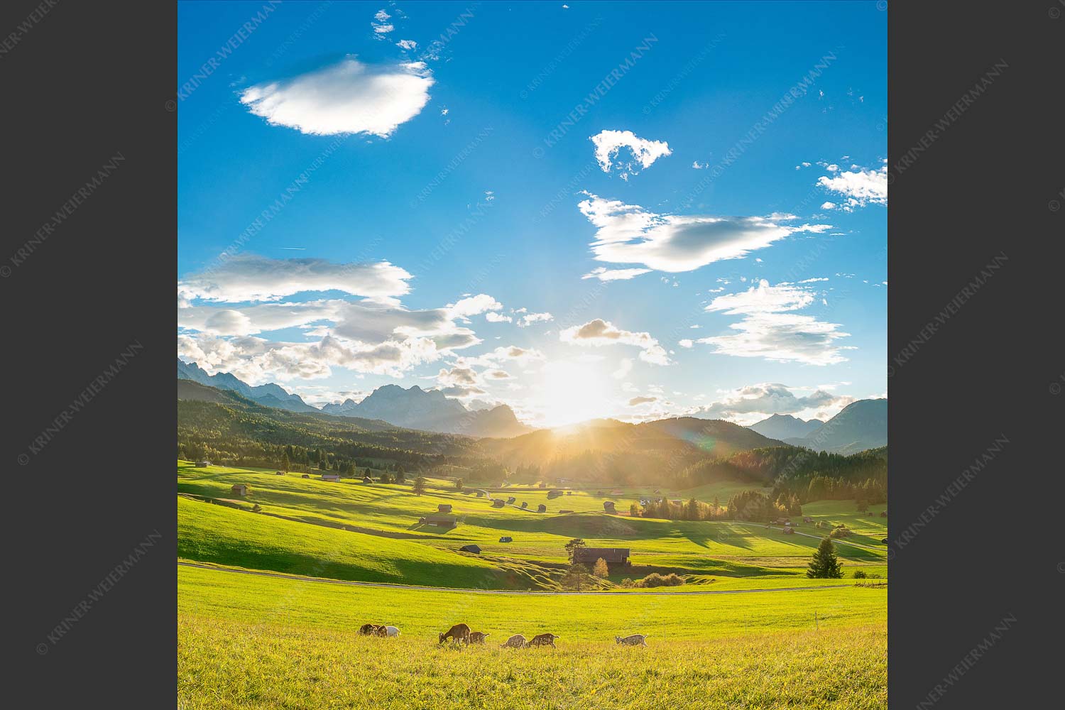 Blick in den Sonnenuntergang am Zugspitzmassiv - Am Tonihof 1:1 -- Wetterstein und Estergebirge - mehr Infos bei www.Kriner-Weiermann.de