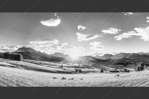 Blick in den Sonnenuntergang am Zugspitzmassiv - Am Tonihof 2:1 sw -- Wetterstein und Estergebirge - mehr Infos bei www.Kriner-Weiermann.de