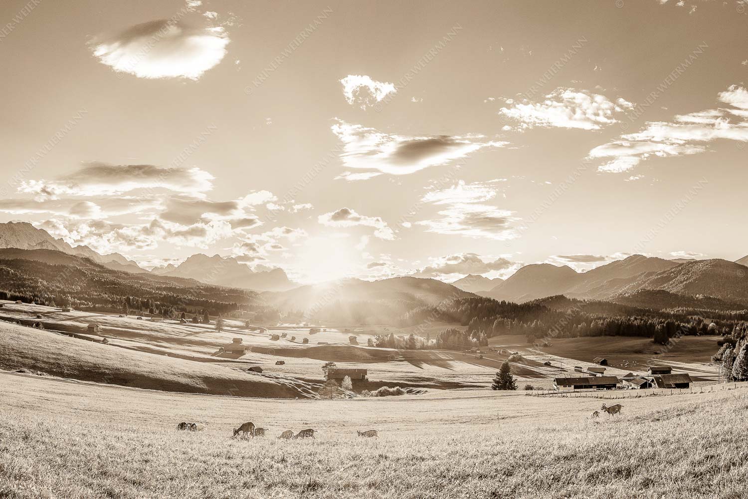 Blick in den Sonnenuntergang am Zugspitzmassiv - Am Tonihof 3:2 sepia -- Wetterstein und Estergebirge - mehr Infos bei www.Kriner-Weiermann.de