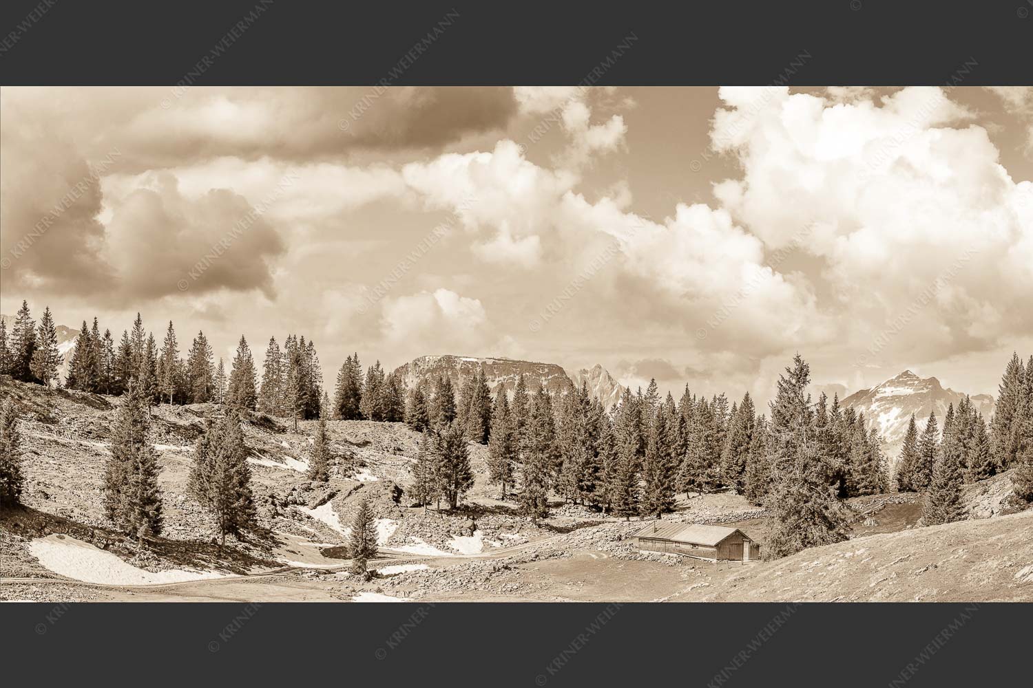 Blick von der Moosenalm zum Soierngebirge - An der Moosenalm 2:1 sepia -- Vorderskopf und Soiernspitze - mehr Infos bei www.Kriner-Weiermann.de