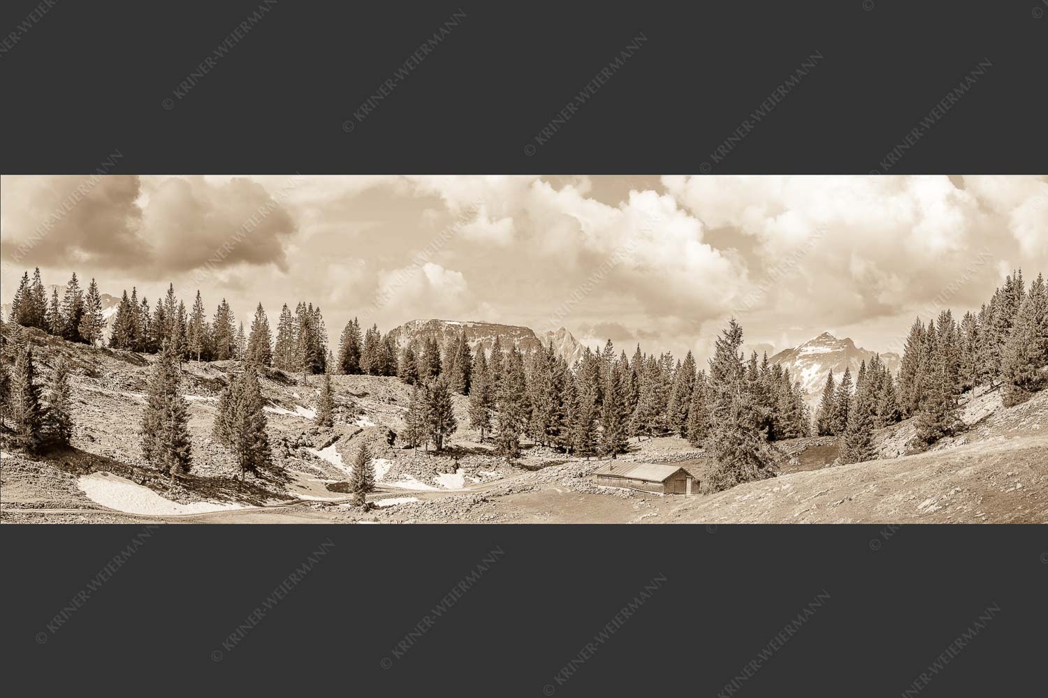 Blick von der Moosenalm zum Soierngebirge - An der Moosenalm 3:1 sepia -- Vorderskopf und Soiernspitze - mehr Infos bei www.Kriner-Weiermann.de