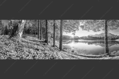 Blick über den Wildensee zum Sonnenaufgang im Soierngebirge mit Karwendel - Blaubeerwald 3:1 sw -- Sonnenaufgang am Wildensee - mehr Infos bei www.Kriner-Weiermann.de