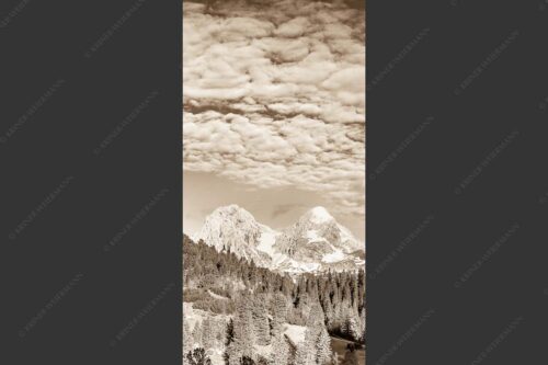 Blick über Schachenschloss zum Hochblassen und Alpspitze im Wettersteingebirge - Der höhere Unscheinbare 1:2 sepia -- Hochblassen und Alpspitze - mehr Infos bei www.Kriner-Weiermann.de