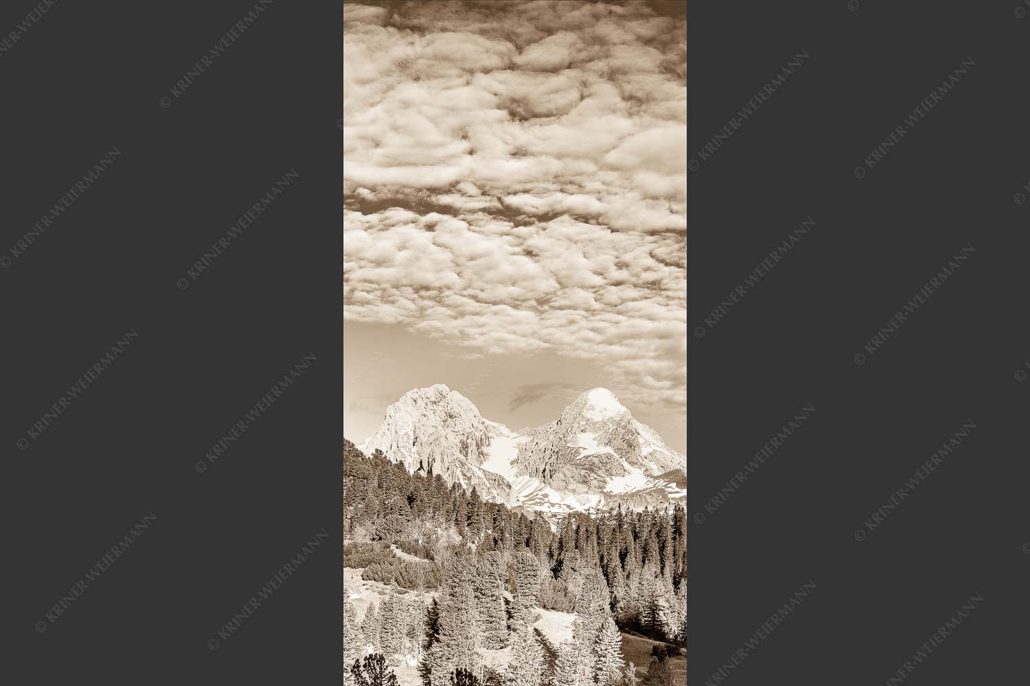Blick über Schachenschloss zum Hochblassen und Alpspitze im Wettersteingebirge - Der höhere Unscheinbare 1:2 sepia -- Hochblassen und Alpspitze - mehr Infos bei www.Kriner-Weiermann.de