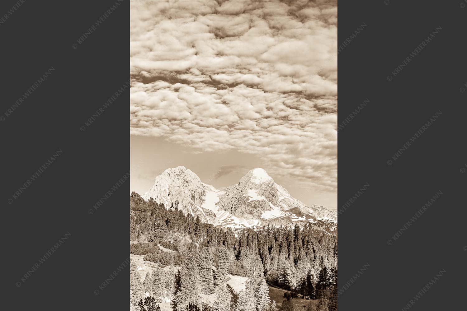 Blick über Schachenschloss zum Hochblassen und Alpspitze im Wettersteingebirge - Der höhere Unscheinbare 2:3 sepia -- Hochblassen und Alpspitze - mehr Infos bei www.Kriner-Weiermann.de