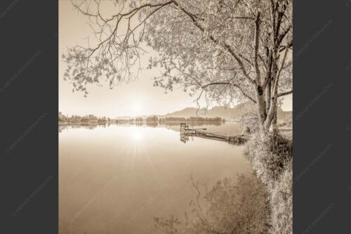 Blick über den Kochelsee bei Schlehdorf in den Sonnenaufgang - Die Sonne geht immer wieder auf II 1:1 sepia -- Bootssteg am Kochelsee - mehr Infos bei www.Kriner-Weiermann.de