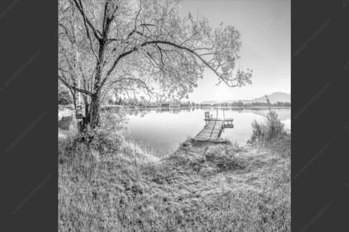 Blick über den Kochelsee bei Schlehdorf in den Sonnenaufgang - Die Sonne geht immer wieder auf III 1:1 sw -- Bootssteg mit Bank am Kochelsee - mehr Infos bei www.Kriner-Weiermann.de