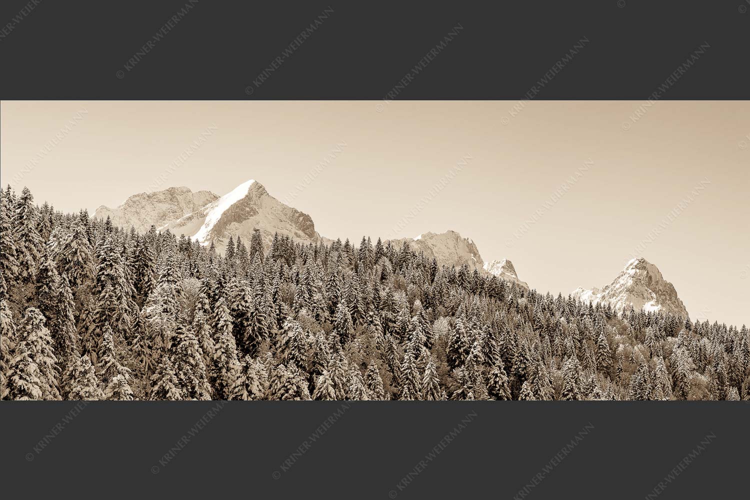 Wald bei Garmisch-Partenirchen mit Alpspitze, Zugspitze und Waxenstein im Wettersteingebirge - Die Wichtigsten 2,5:1 sepia -- Alpspitze Zugspitze und Waxenstein - mehr Infos bei www.Kriner-Weiermann.de