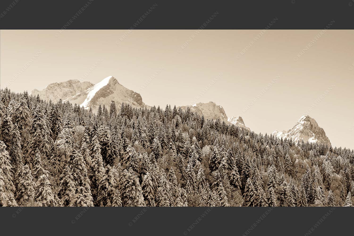 Wald bei Garmisch-Partenirchen mit Alpspitze, Zugspitze und Waxenstein im Wettersteingebirge - Die Wichtigsten 2:1 sepia -- Alpspitze Zugspitze und Waxenstein - mehr Infos bei www.Kriner-Weiermann.de