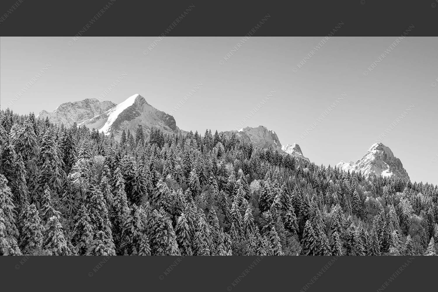 Wald bei Garmisch-Partenirchen mit Alpspitze, Zugspitze und Waxenstein im Wettersteingebirge - Die Wichtigsten 2:1 sw -- Alpspitze Zugspitze und Waxenstein - mehr Infos bei www.Kriner-Weiermann.de