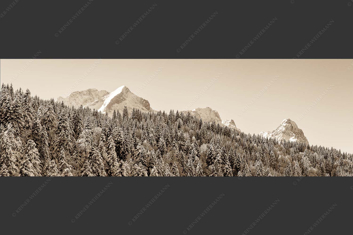 Wald bei Garmisch-Partenirchen mit Alpspitze, Zugspitze und Waxenstein im Wettersteingebirge - Die Wichtigsten 3:1 sepia -- Alpspitze Zugspitze und Waxenstein - mehr Infos bei www.Kriner-Weiermann.de