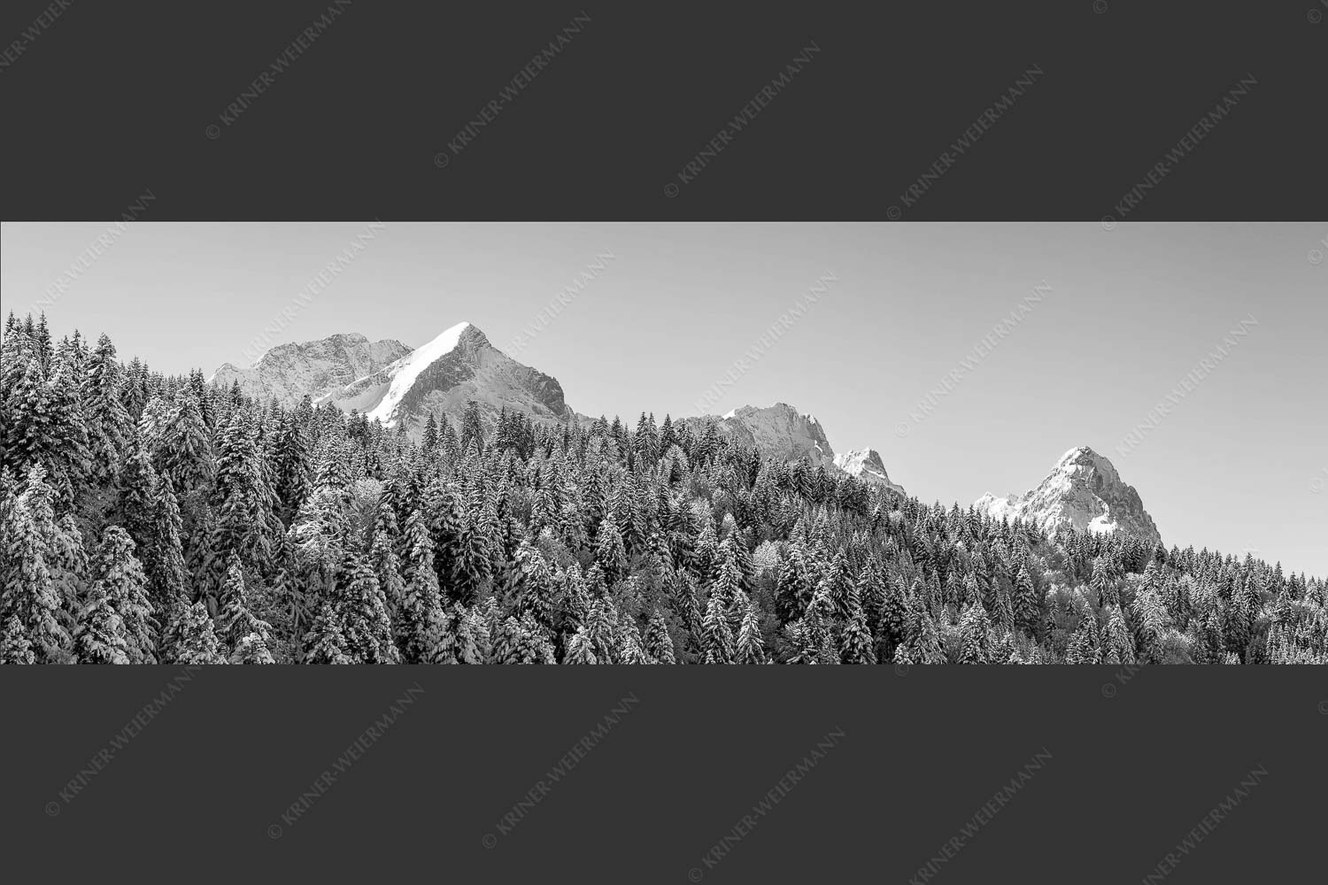 Wald bei Garmisch-Partenirchen mit Alpspitze, Zugspitze und Waxenstein im Wettersteingebirge - Die Wichtigsten 3:1 sw -- Alpspitze Zugspitze und Waxenstein - mehr Infos bei www.Kriner-Weiermann.de