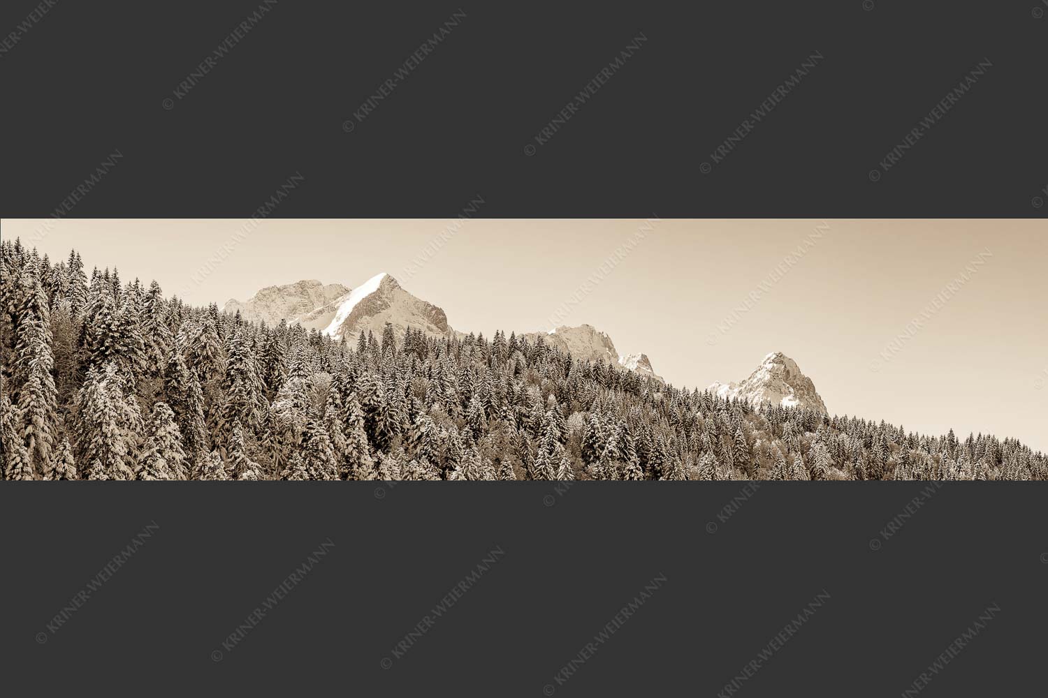 Wald bei Garmisch-Partenirchen mit Alpspitze, Zugspitze und Waxenstein im Wettersteingebirge - Die Wichtigsten 4:1 sepia -- Alpspitze Zugspitze und Waxenstein - mehr Infos bei www.Kriner-Weiermann.de