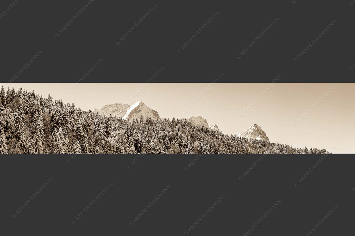 Wald bei Garmisch-Partenirchen mit Alpspitze, Zugspitze und Waxenstein im Wettersteingebirge - Die Wichtigsten 5:1 sepia -- Alpspitze Zugspitze und Waxenstein - mehr Infos bei www.Kriner-Weiermann.de
