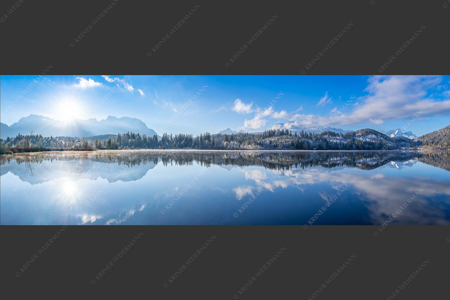 Panorama-Spiegelung am Barmsee mit Blick zum Karwendel- und Wettersteingebirge - Doppelpanorama 3:1 -- Barmsee mit Karwendel und Wetterstein - mehr Infos bei www.Kriner-Weiermann.de