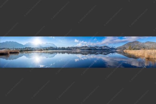 Panorama-Spiegelung am Barmsee mit Blick zum Karwendel- und Wettersteingebirge - Doppelpanorama 5:1  -- Barmsee mit Karwendel und Wetterstein - mehr Infos bei www.Kriner-Weiermann.de
