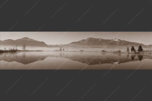 Morgenstimmung am Eichsee im Kochler Moos mit Blick zum Herzogstand bis hin zum Karwendel - Durchblick 4:1 sepia -- Herzogstand und Heimgarten - mehr Infos bei www.Kriner-Weiermann.de