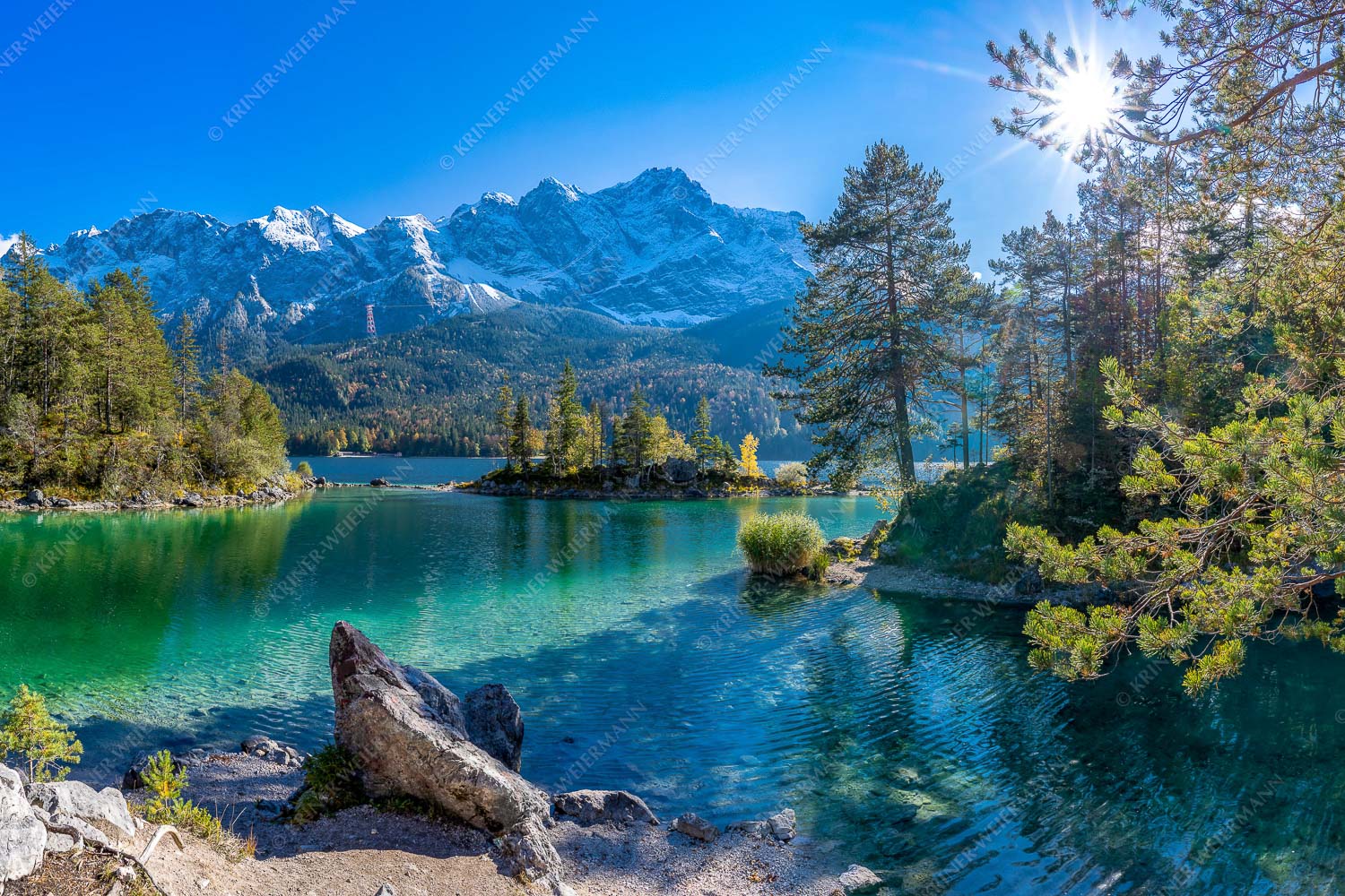 Blick über Eibsee zur Zugspitze im Wettersteingebirge - Eibseeklassiker 3:2 -- Eibsee mit Zugspitze - mehr Infos bei www.Kriner-Weiermann.de