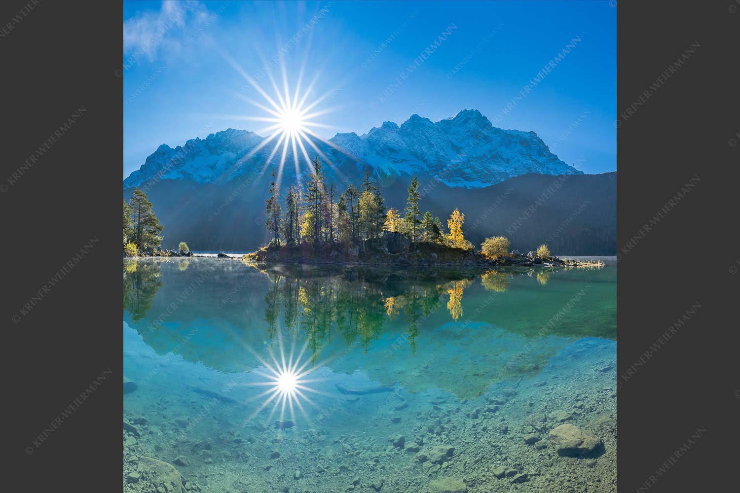 Blick über Eibsee zur Zugspitze im Wettersteingebirge - Eibseesterne 1:1  -- Sonnenaufgang am Eibsee - mehr Infos bei www.Kriner-Weiermann.de