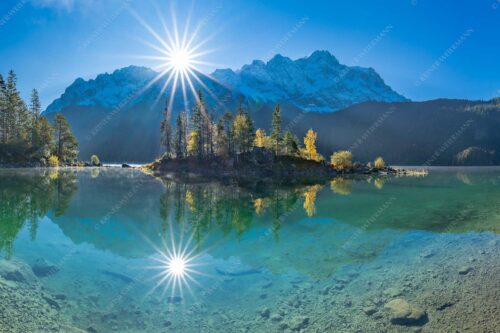 Blick über Eibsee zur Zugspitze im Wettersteingebirge - Eibseesterne 3:2  -- Sonnenaufgang am Eibsee - mehr Infos bei www.Kriner-Weiermann.de