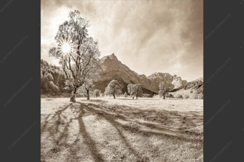 Blick vom Ahornboden zur Spritzkarspitze im Karwendel - Engahorn 1:1 sepia -- Engalm Ahornboden Karwendel - mehr Infos bei www.Kriner-Weiermann.de