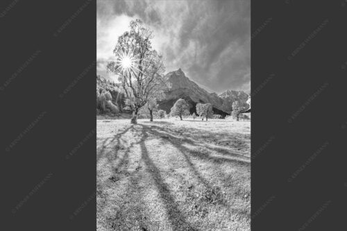 Blick vom Ahornboden zur Spritzkarspitze im Karwendel - Engahorn 2:3 sw -- Engalm Ahornboden Karwendel - mehr Infos bei www.Kriner-Weiermann.de