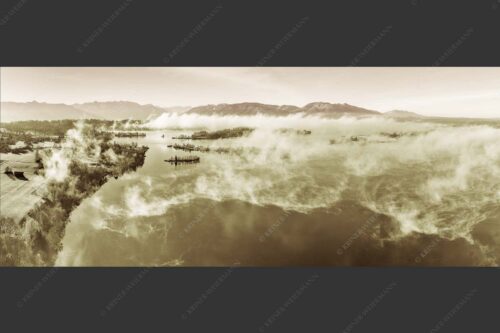 Blick über die Nebel am Staffelsee - Es lichtet sich 2,5:1 sepia -- Staffelsee Nebel Murnau Seehausen - mehr Infos bei www.Kriner-Weiermann.de