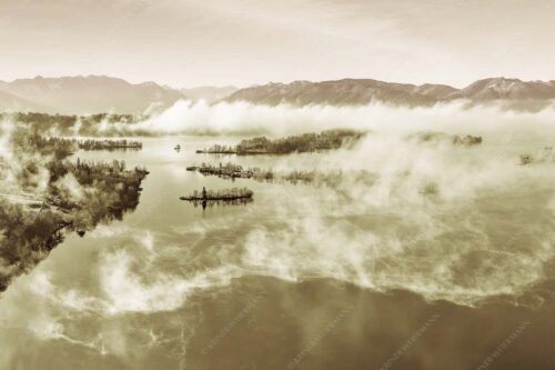 Blick über die Nebel am Staffelsee - Es lichtet sich 3:2 sepia -- Staffelsee Nebel Murnau Seehausen - mehr Infos bei www.Kriner-Weiermann.de