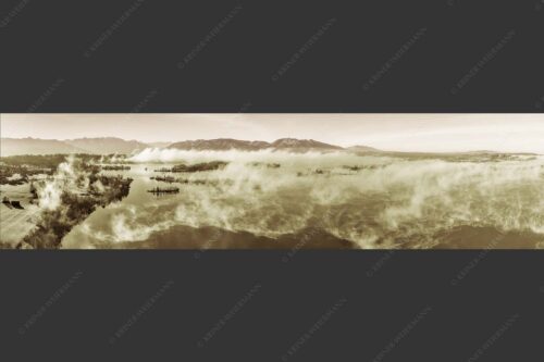 Blick über die Nebel am Staffelsee - Es lichtet sich 4:1 sepia -- Staffelsee Nebel Murnau Seehausen - mehr Infos bei www.Kriner-Weiermann.de