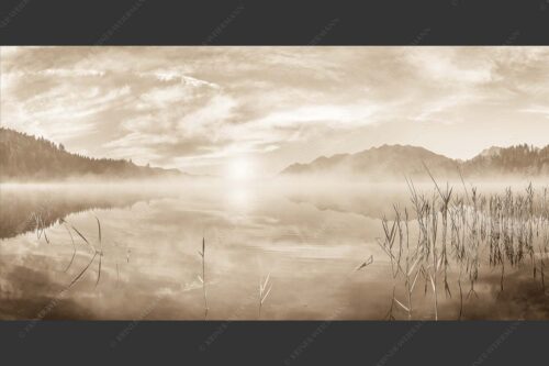 Aufgehende Sonne über dem Barmsee mit Soierngebirge - Feinster Morgen 2:1 sepia -- Sonnenaufgang am Barmsee - mehr Infos bei www.Kriner-Weiermann.de