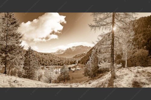 Blick über Ferchensee aufs Karwendel - Ferchenseeherbst 2:1 sepia -- Ferchensee mit Karwendel - mehr Infos bei www.Kriner-Weiermann.de