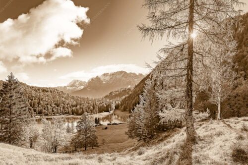 Blick über Ferchensee aufs Karwendel - Ferchenseeherbst 3:2 sepia -- Ferchensee mit Karwendel - mehr Infos bei www.Kriner-Weiermann.de