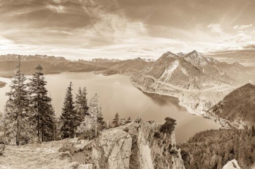 Blick über Walchensee zum Herzogstand - Fiordlands 3:2 sepia -- Walchensee Fahrenberg und Herzogstand - mehr Infos bei www.Kriner-Weiermann.de