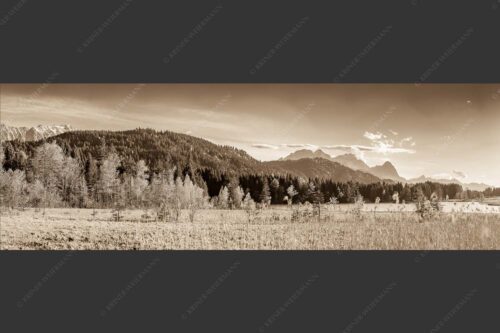 Blick über den Geroldsee mit Zugspitzmassiv im Wetterstein - Frische Birken 3:1 sepia -- Geroldsee mit Zugspitzmassiv - mehr Infos bei www.Kriner-Weiermann.de