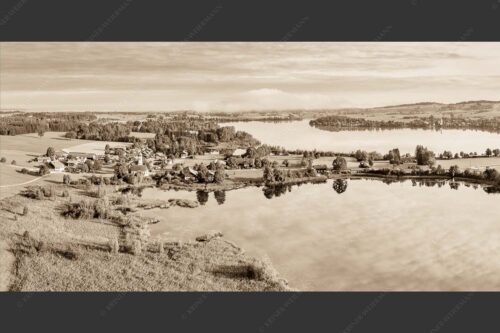 Blick über Froschhauser- und Riegsee - Froschhausen 2:1 sepia -- Riegsee und Froschhauser See - mehr Infos bei www.Kriner-Weiermann.de