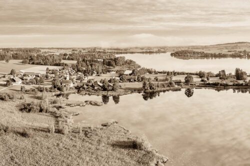 Blick über Froschhauser- und Riegsee - Froschhausen 3:2 sepia -- Riegsee und Froschhauser See - mehr Infos bei www.Kriner-Weiermann.de