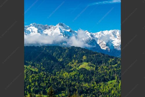 Erstes Grün im Tal und frischer Schnee auf den Bergen im Wettersteingebirge - Frühling und Winter 1:1  -- Dreitorspitzen im Wetterstein - mehr Infos bei www.Kriner-Weiermann.de