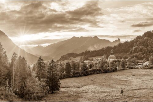 Blick über Kloster Ettal zum Kofel und ins Graswangtal - Gelöbnis 3:2 sepia -- Kloster Ettal mit Sonnenuntergang im Graswangtal - mehr Infos bei www.Kriner-Weiermann.de