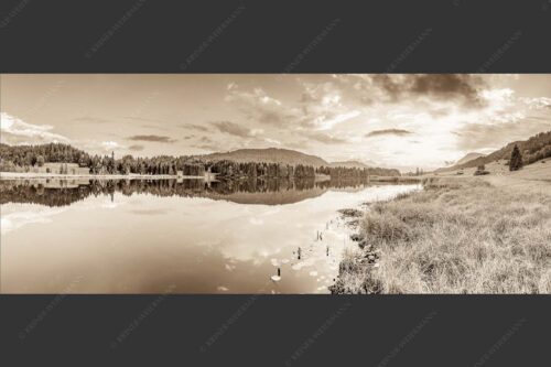 Sonnenuntergang am Geroldsee mit Wettertstein und Wank - Harmonie 2,5:1 sepia -- Abendstimmung am Geroldsee - mehr Infos bei www.Kriner-Weiermann.de