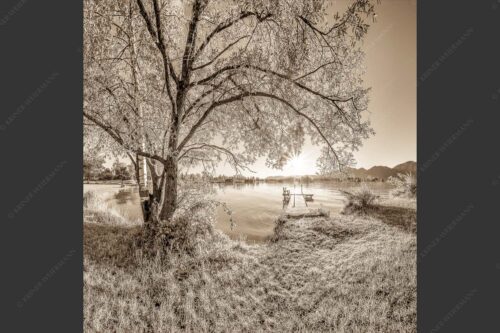 Blick über den Kochelsee in den Sonnenaufgang - Immer wieder geht die Sonne auf 1:1 sepia -- Kochelsee - mehr Infos bei www.Kriner-Weiermann.de
