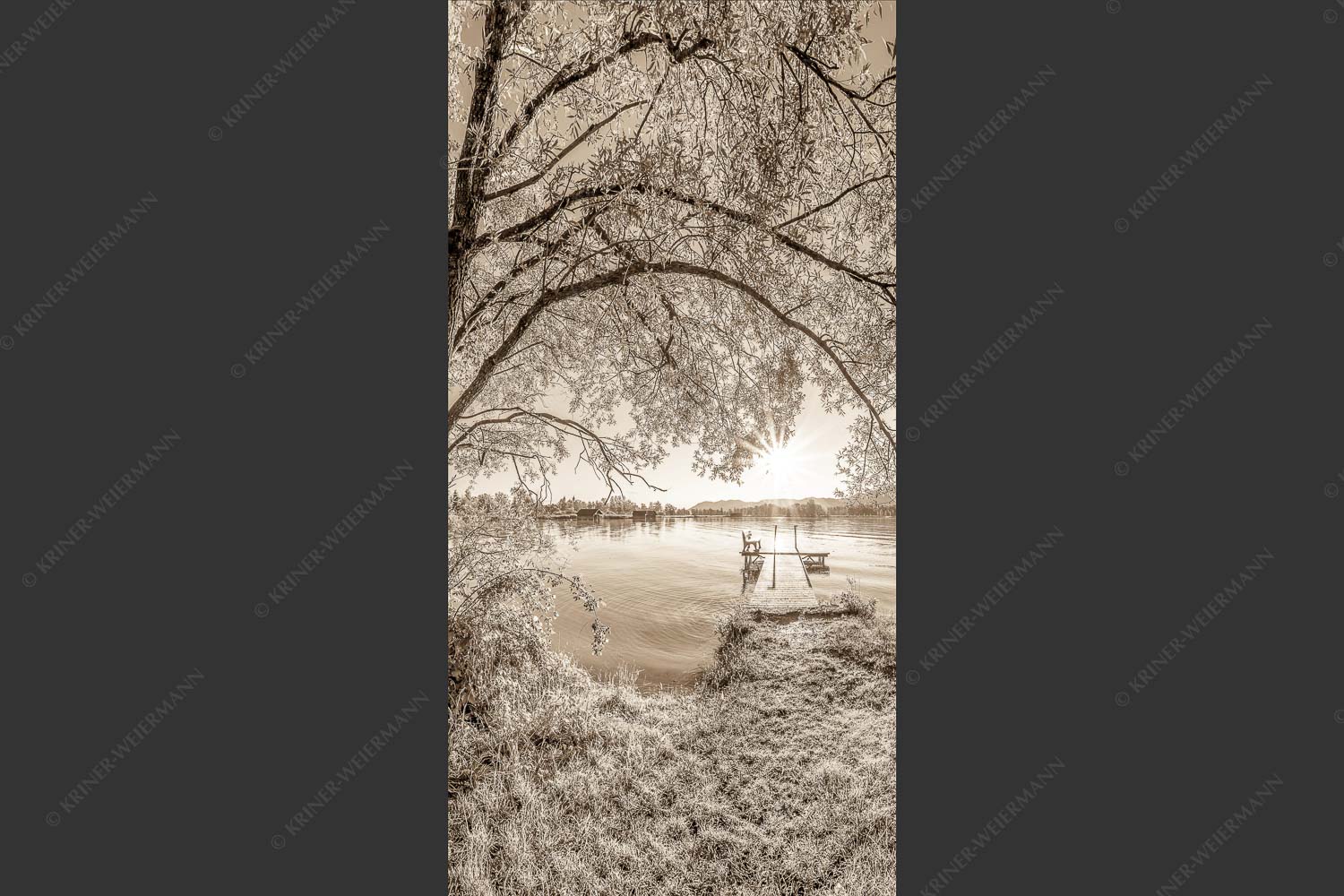Blick über den Kochelsee in den Sonnenaufgang - Immer wieder geht die Sonne auf 1:2 sepia -- Kochelsee - mehr Infos bei www.Kriner-Weiermann.de