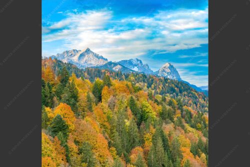Blick über Herbstwald zum Zugspitzmassiv im Wettersteingebirge - Indian Summer Dahoam 1:1  -- Herbstfärbung mit Alpspitze Zugspitze und Waxenstein - mehr Infos bei www.Kriner-Weiermann.de