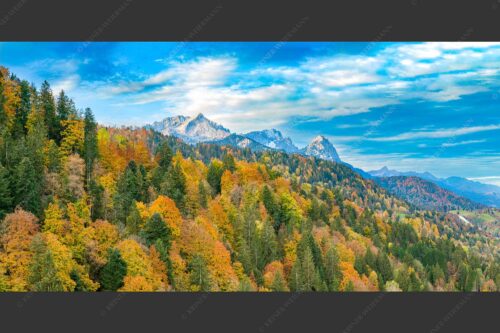 Blick über Herbstwald zum Zugspitzmassiv im Wettersteingebirge - Indian Summer Dahoam 2:1  -- Herbstfärbung mit Alpspitze Zugspitze und Waxenstein - mehr Infos bei www.Kriner-Weiermann.de