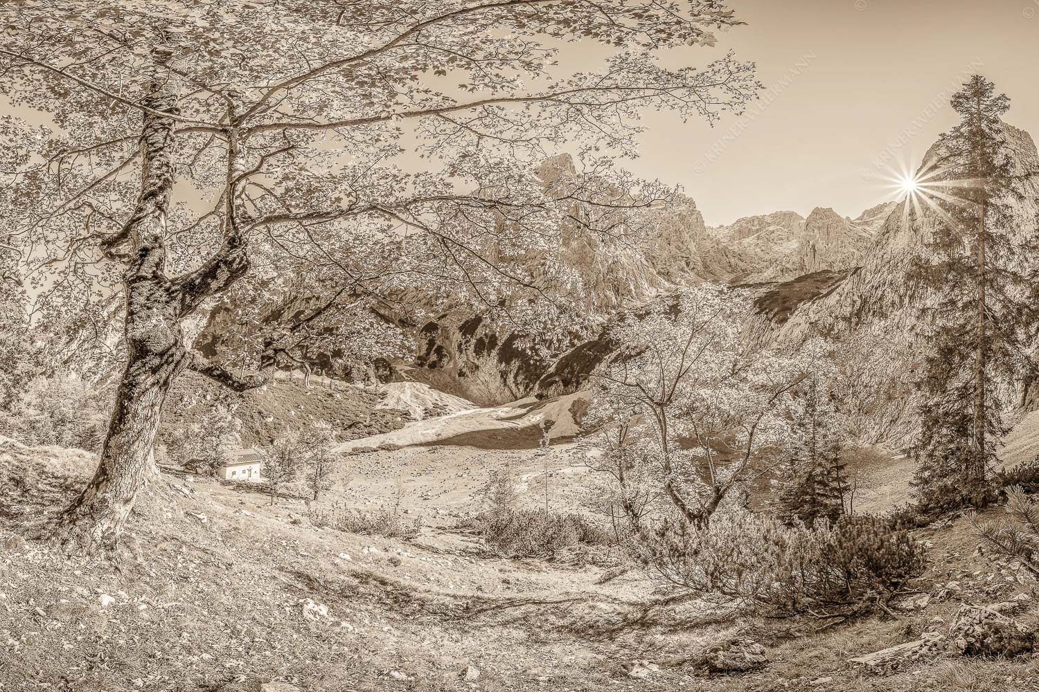 Letzte Sonne im Oberreintal im Wetterstein - Keiner mehr da! 3:2 sepia -- Herbst Ahorn mit Oberreintalhütte - mehr Infos bei www.Kriner-Weiermann.de