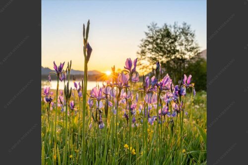 Schwertlilien im Sonnenaufgang - Lila 1:1  -- Schwertlilien - mehr Infos bei www.Kriner-Weiermann.de