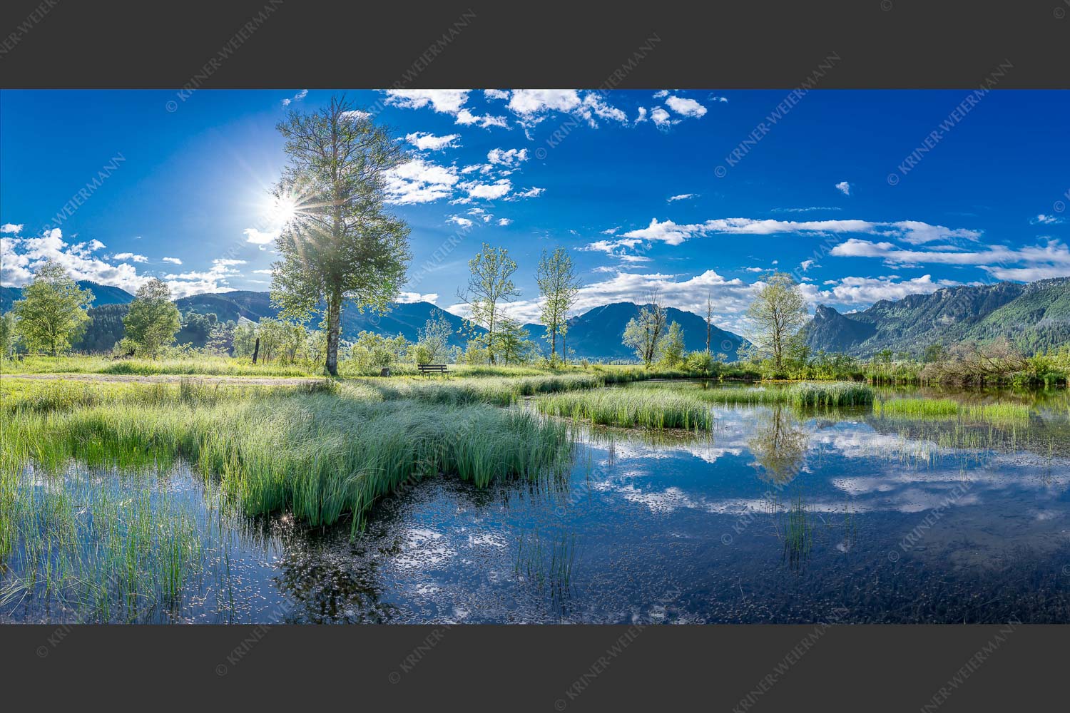 Kleiner Weiher bei Unterammergau mit Blick auf Kofel und Oberammergau - Morgentau 2:1 -- Morgenstimmung im Ammertal - mehr Infos bei www.Kriner-Weiermann.de