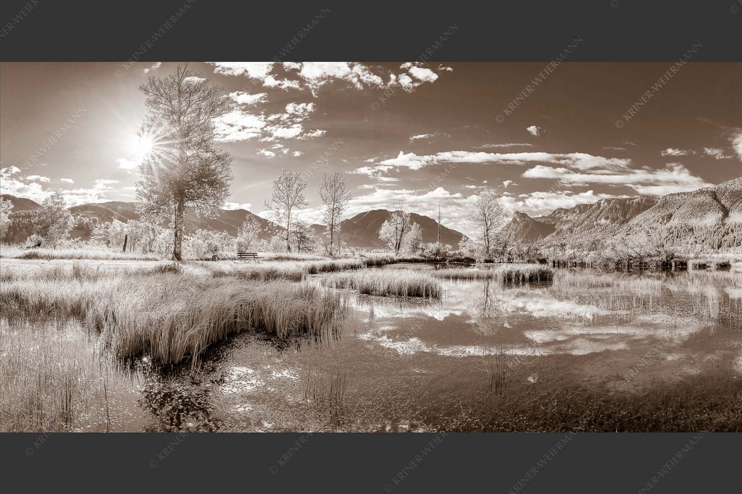 Kleiner Weiher bei Unterammergau mit Blick auf Kofel und Oberammergau - Morgentau 2:1 sepia -- Morgenstimmung im Ammertal - mehr Infos bei www.Kriner-Weiermann.de