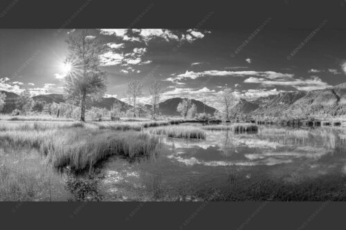 Kleiner Weiher bei Unterammergau mit Blick auf Kofel und Oberammergau - Morgentau 2:1 sw -- Morgenstimmung im Ammertal - mehr Infos bei www.Kriner-Weiermann.de