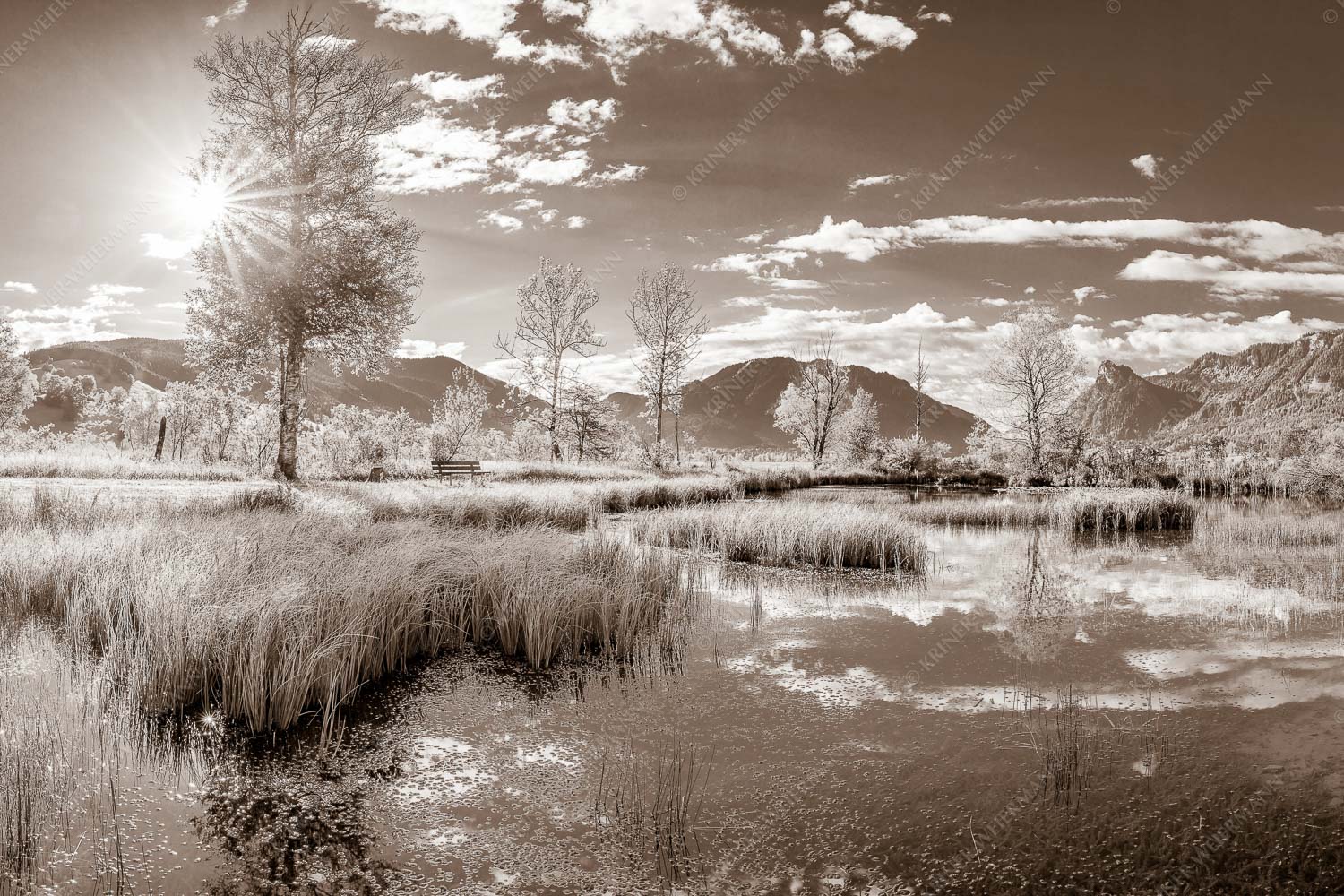 Kleiner Weiher bei Unterammergau mit Blick auf Kofel und Oberammergau - Morgentau 3:2 sepia -- Morgenstimmung im Ammertal - mehr Infos bei www.Kriner-Weiermann.de