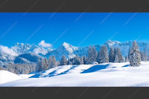 Einsamer Wiesmahdstadel mit viel Schnee und Wörner, Tiefkar und Westlicher Karwendelspitze im Hintergrund - Richtig Winter 2:1  -- Winterlandschaft Karwendel - mehr Infos bei www.Kriner-Weiermann.de